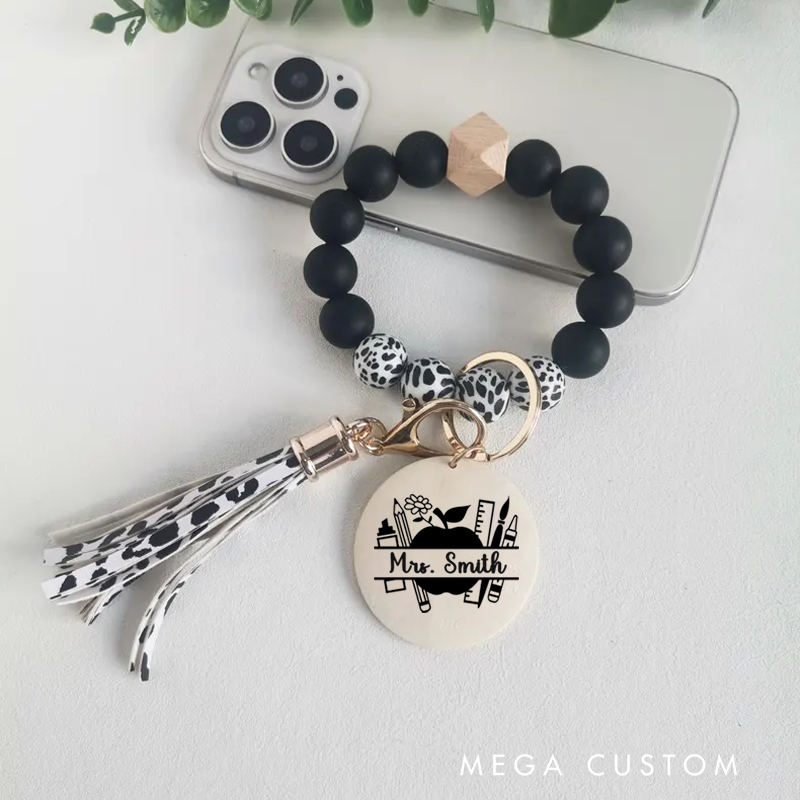 Personalized Teacher Keychain Ruler Apple Design Silicone Beads Bracelet Keychain Wooden Engraved Wristlet Keychain Teacher Appreciation Gift