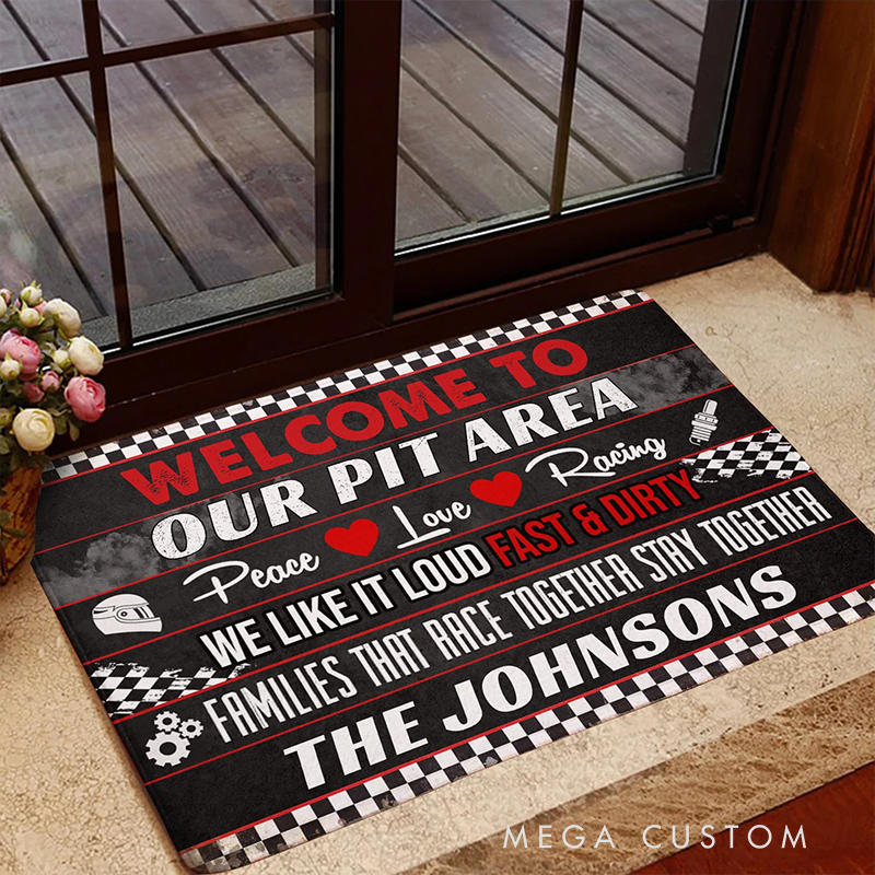Personalized Doormat with Welcome to Our Pit Area Design Thoughtful Gift for Racer and Racing Lovers