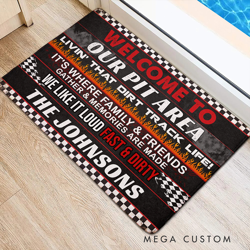 Personalized Doormat with Welcome to Our Pit Area Design Thoughtful Gift for Racer and Racing Lovers
