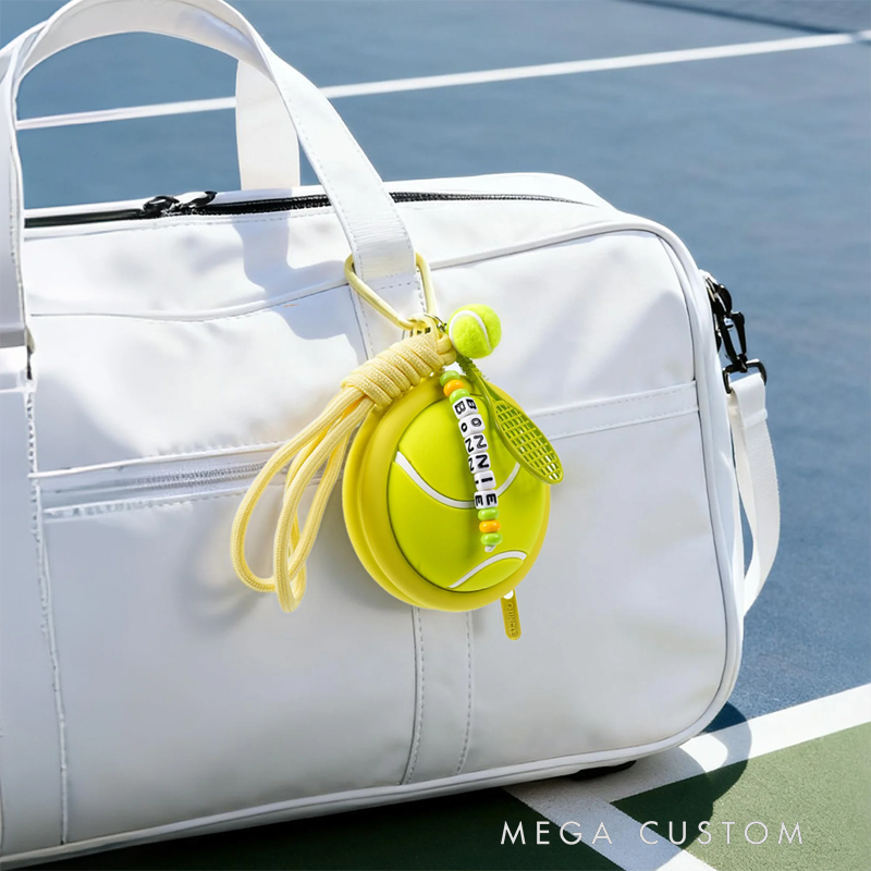 Personalized name keychain with beads, tennis ball charms, racket and ball charms, waterproof silicone storage pouch for headphones, gift for tennis lovers