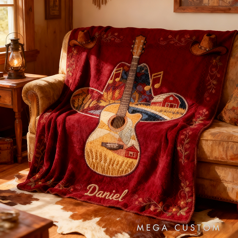 Personalized West Cowboy Guitar Blanket Flannel Blanket Country Music Blanket with Name for Him Her for Husband Wife Boyfriend Girlfriend Friends Familys
