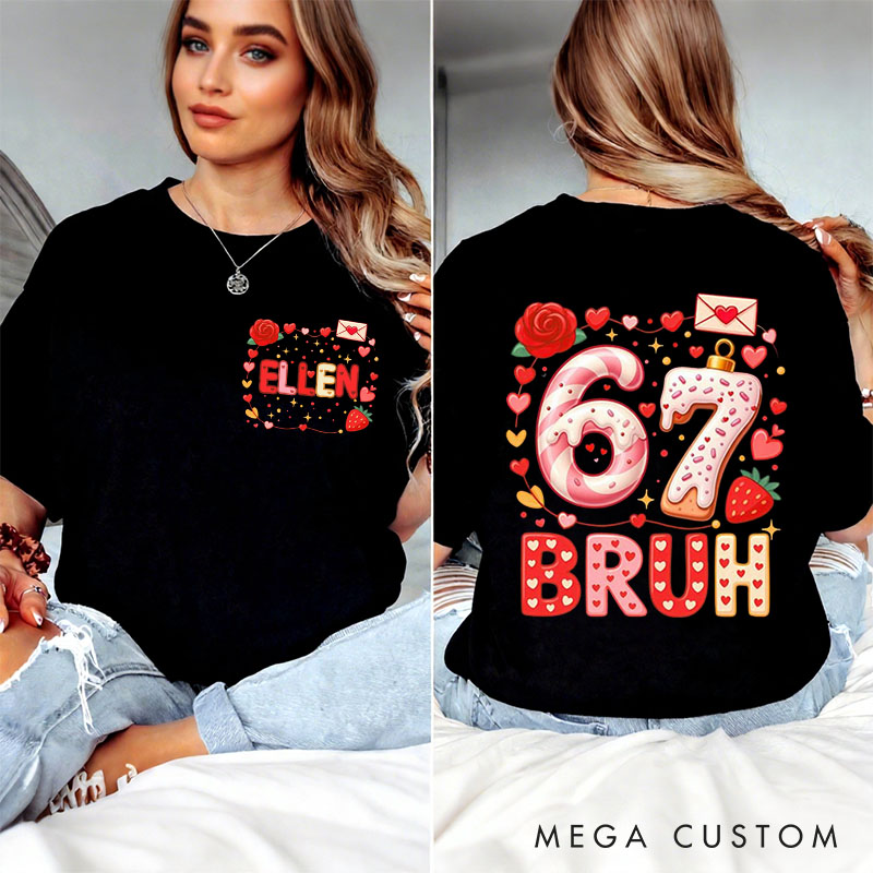 Personalized Girlfriend Wife 67 BRUH Sweet Heart Sweatshirt with Name Couple Coquette 6 7 Number Meme Matching Valentines Day Sweatshirt for Him Her