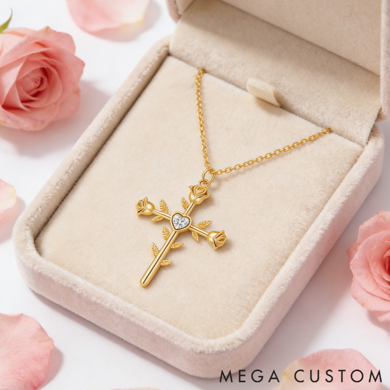 Personalized Sterling Silver Double Sided Cross with Rose Name and Birthstone Engraved Necklace