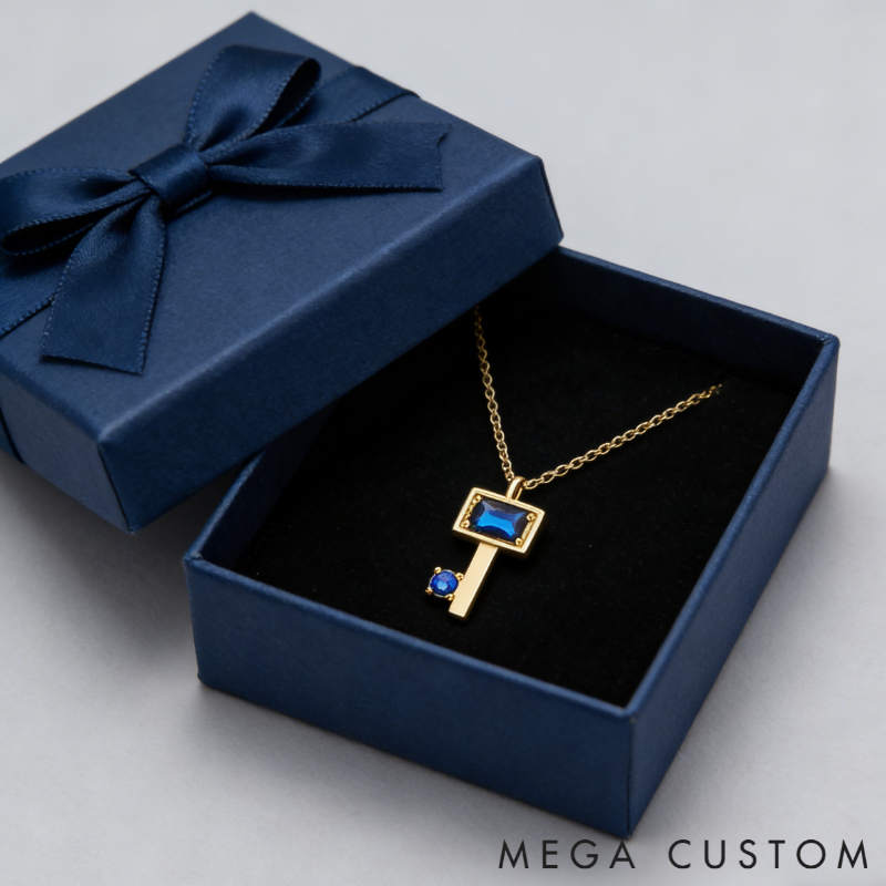 Personalized Sterling Silver Key Necklace – Custom Engraved Name with Birthstone Pendant