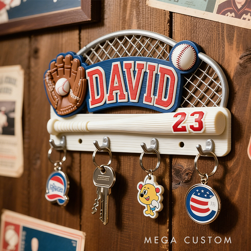 Personalized Custom Baseball Theme Key Holder - 3D Printed Personalized Name & Number Hook Rack, Sports Decor for Kids’ Room, Baseball Fan Gift 