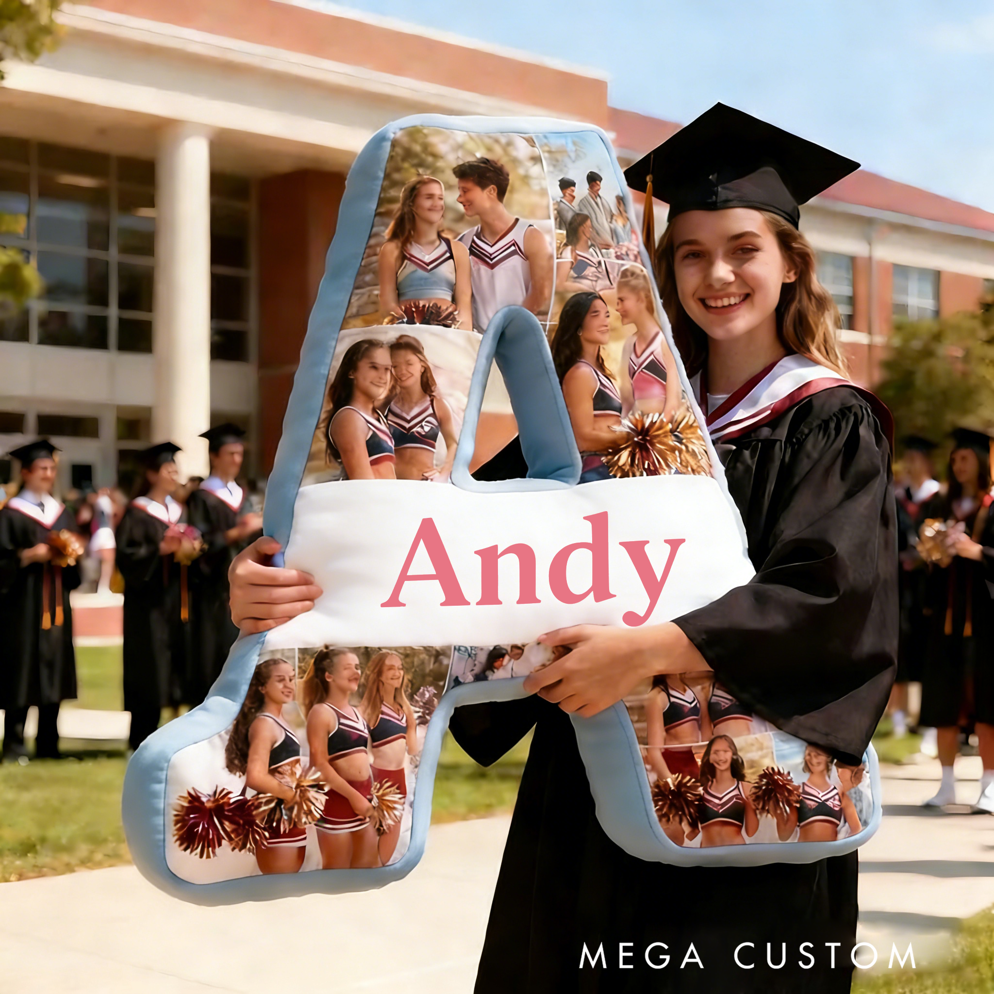 Personalized Cheerleader Photo Collage Initial Pillow with Custom Name for Family and Friends