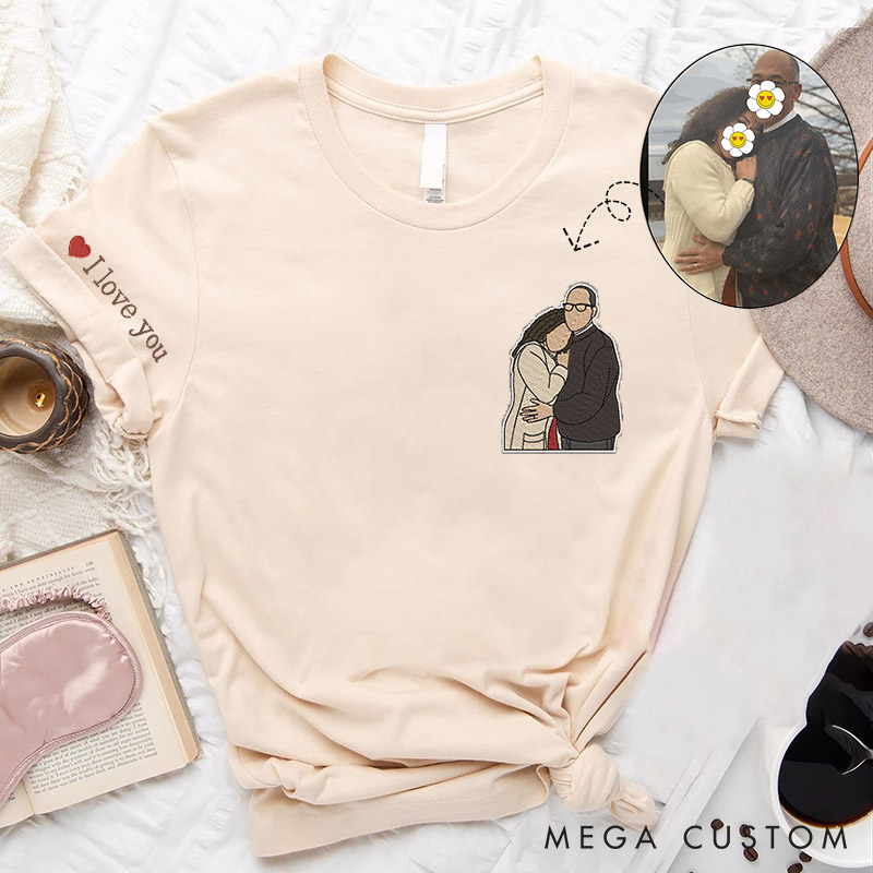 Personalized Couple Embroidered Photo Portrait Matching T-Shirts Custom Couple Tee Tps with Text Valentine's Day Gift Anniversary Gift for Him Her