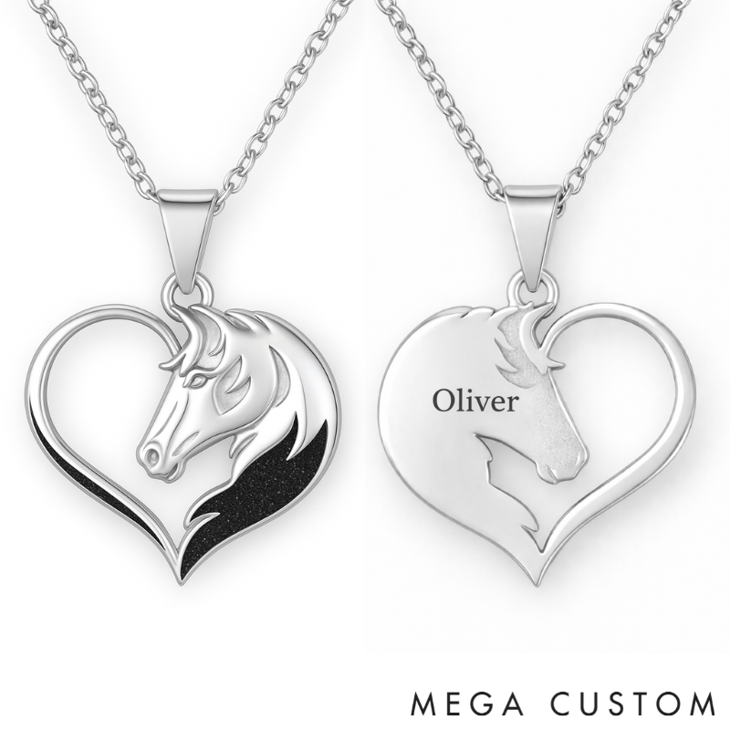 Personalized Horse Head Heart Pendant Necklace Custom Name Unique Holiday Gift for Couples