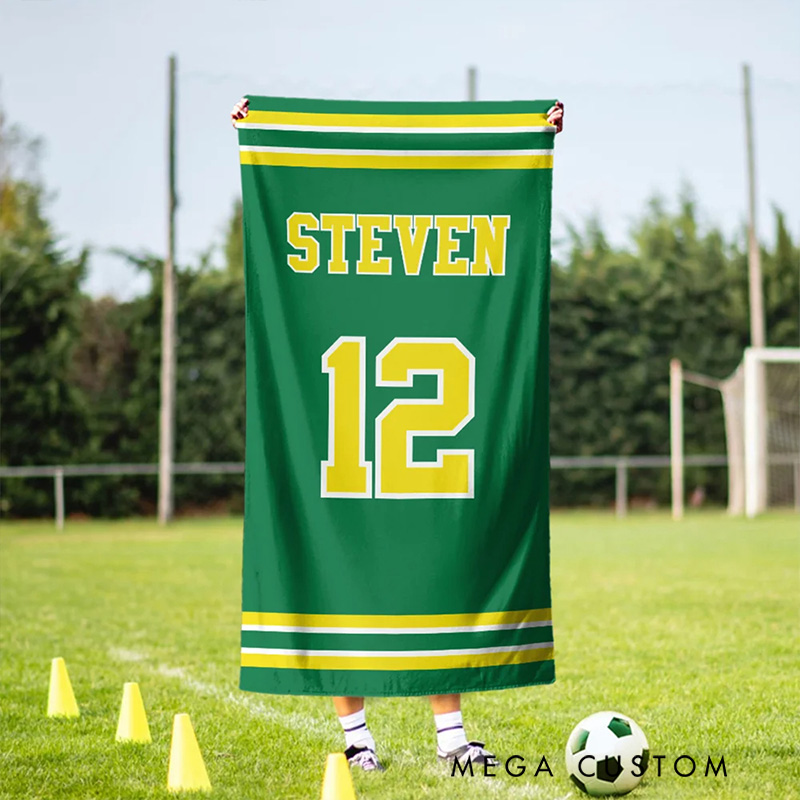 Personalized Sport Team Towel with Custom Name Number and Classic Pinstripe Design for Players and Fans