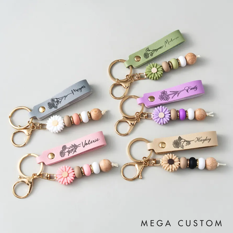 Personalized Name Keyring Handmade Daisy Beaded Keychain Cute Custom Bag Charm Gifts for Her Back to School or Friendship Gift