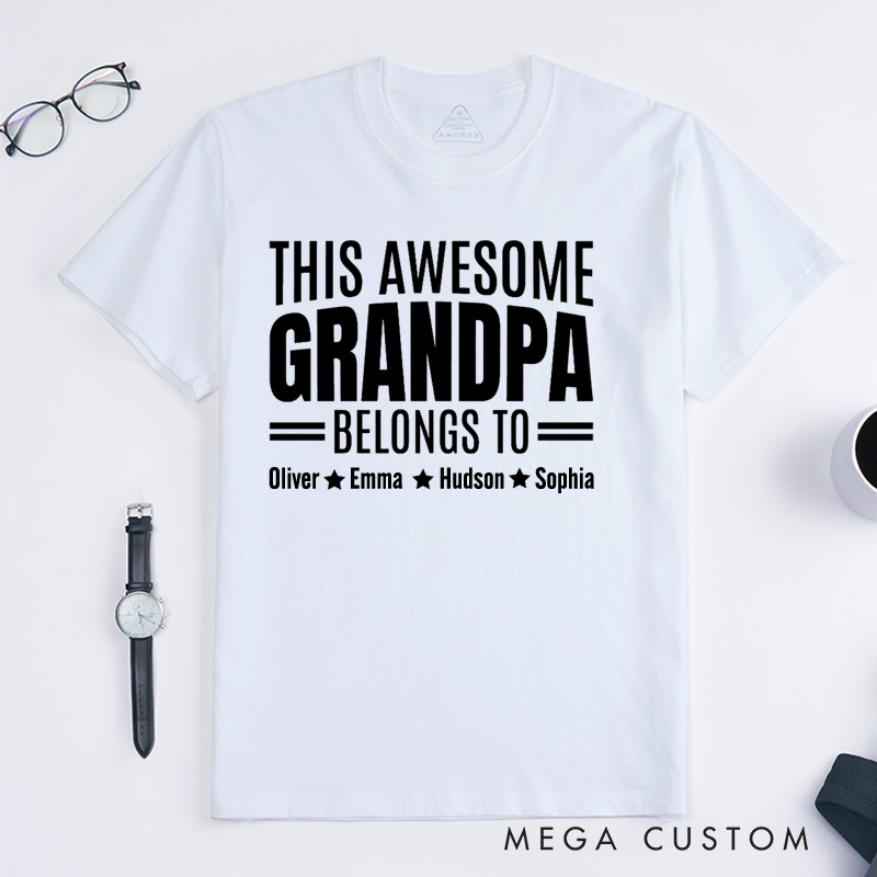Personalized Grandpa T-Shirt Custom This Awesome Grandpa Belongs To Gift for Grandfather Father's Day Birthday Comfortable Cotton Shirt for Men