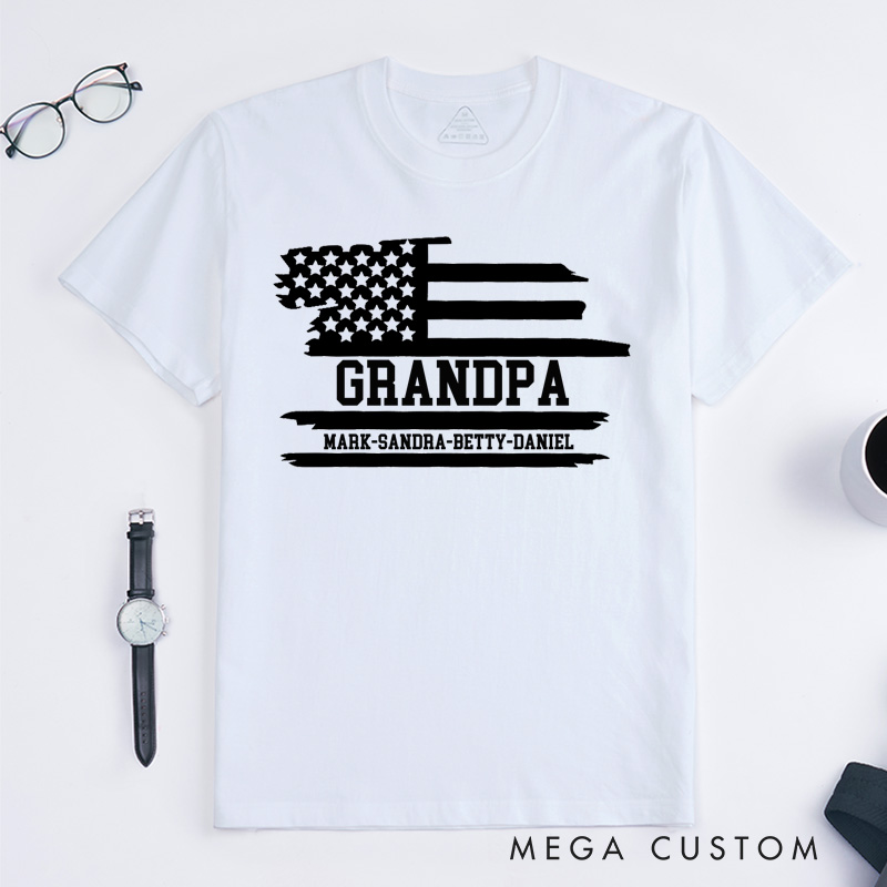 Personalized Grandpa Flag T-Shirt with Grandkids Names Gift for Grandfather Father's Day Birthday Comfortable Cotton Shirt for Men
