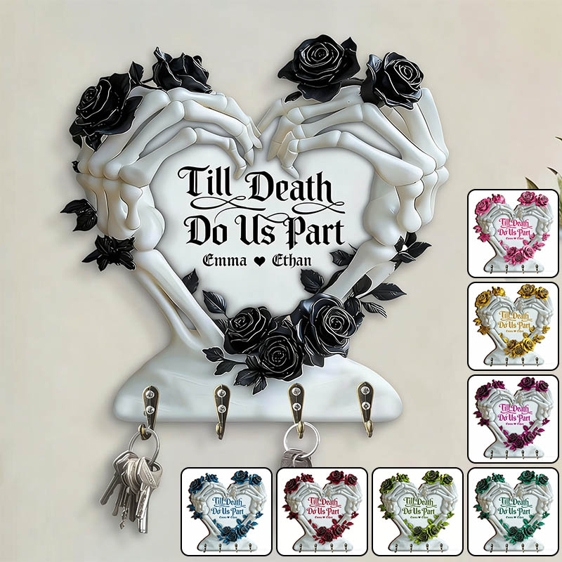 Personalized Couple Skeleton Hand Heart Till Death Do Us Part Wooden Key Holder Custom Shaped Graphic 3D Printed Key Hanger Valentines Day Gift