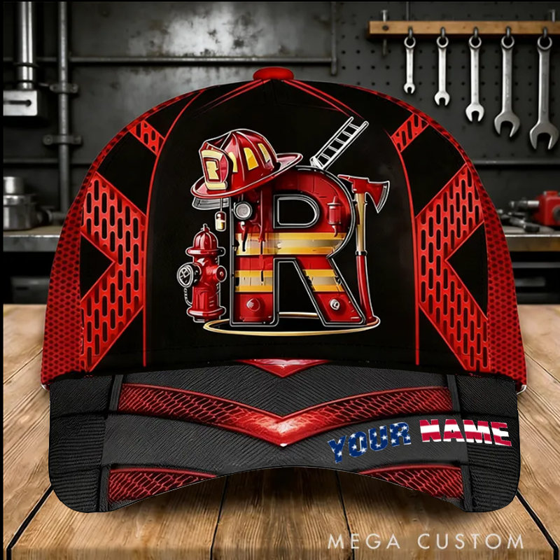 Personalized Firefighter Gifts Custom Name and Initial Alphabet Full Print Cap Firefighter Helmet Hydrant Graphic Hat for Firemen