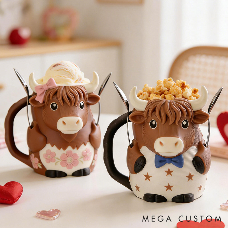 Personalized Highland Cow Couple Ice Cream Pint Holder 3D Printed with Spoon Slots & Snack Drawer Anniversary Valentine's Day Gift for Him Her
