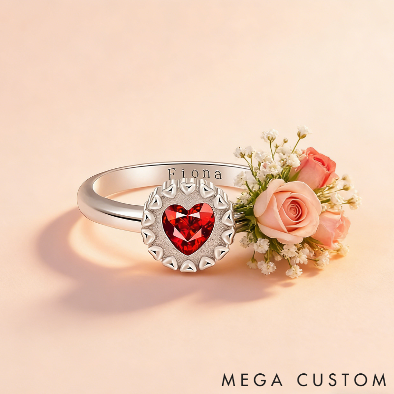Personalized Blooming Heart Birthstone Ring with Custom Engraving – Elegant and Unique Sterling Silver Jewelry for Meaningful Gifts