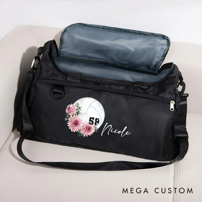 Personalized Volleyball Birth Flower Large Sport Duffle Bag with Shoe Compartment and Shoulder Strap Birthday Team Gift for Women Volleyball Lovers