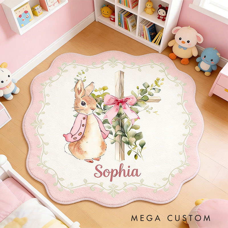 Personalize Floral Bow Cross Rabbit Rug with Custom Name Home Decor Religious Rug Faith Based Gift Easter Gift Christian Gift for Kids