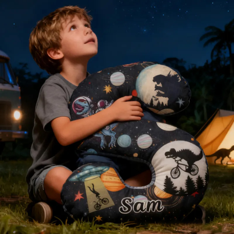 Personalized Dinosaur Space Bike Letter Pillow Graphic 3D Print Dino Galaxy Letter Pillow Name Pillow Comfortable Travel Cushion for Kids Riding Lovers