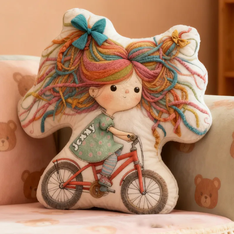 Personalized Quirky Girl Bike Pillow Rainbow Hair Cozy Graphic 3D Print Dreaming Princess Pillow Whimsical Girl Name Pillow Comfortable Travel Cushion for Kids Girls Riding Lovers