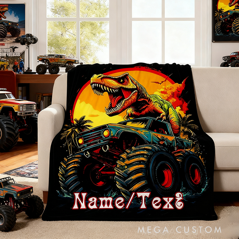 Personalized Dinosaur Truck Adventure Blanket Custom Name Throw Blanket Gift