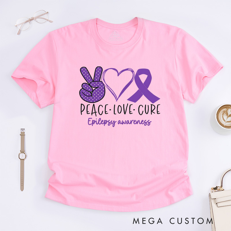 Personalized Peace Love Cure Hearts and Ribbon Design Supporting Epilepsy Awareness and Positivity T-shirt