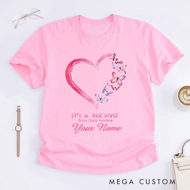 Personalized I Am A Survivor Breast Cancer Awareness Heart And Butterfly Support T-Shirt  