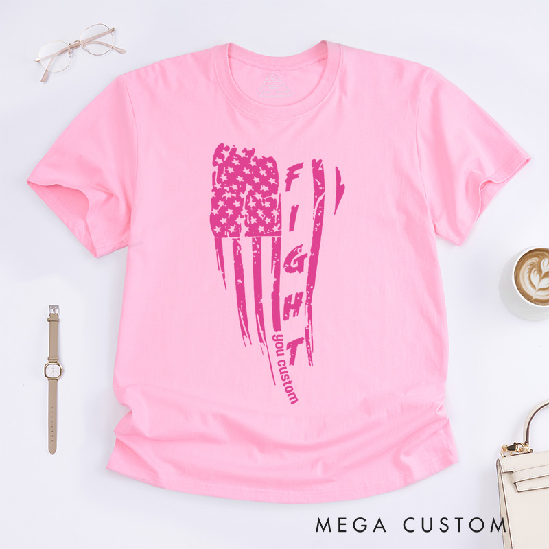 Personalized Fight American Flag Breast Cancer Ribbon Design Supporting Strength and Resilience T-shirt