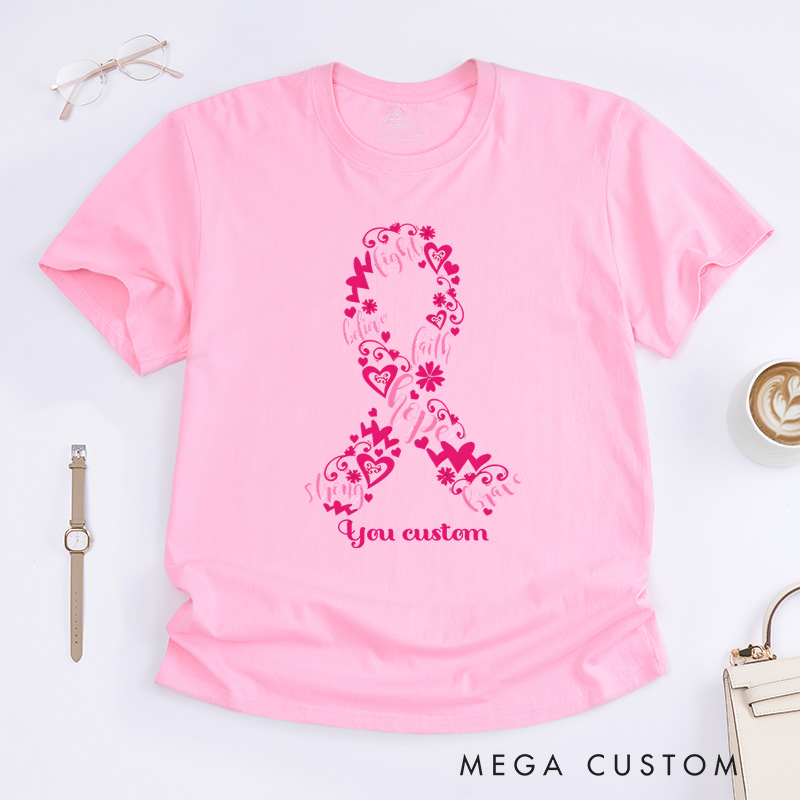 Personalized Floral Pink Ribbon Breast Cancer Awareness Elegant and Supportive T-shirt