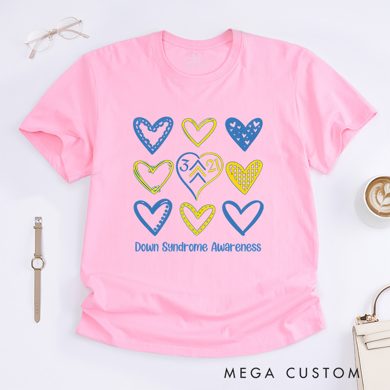 Personalized Down Syndrome Awareness Heart Pattern Support Inclusion Advocacy T-shirt