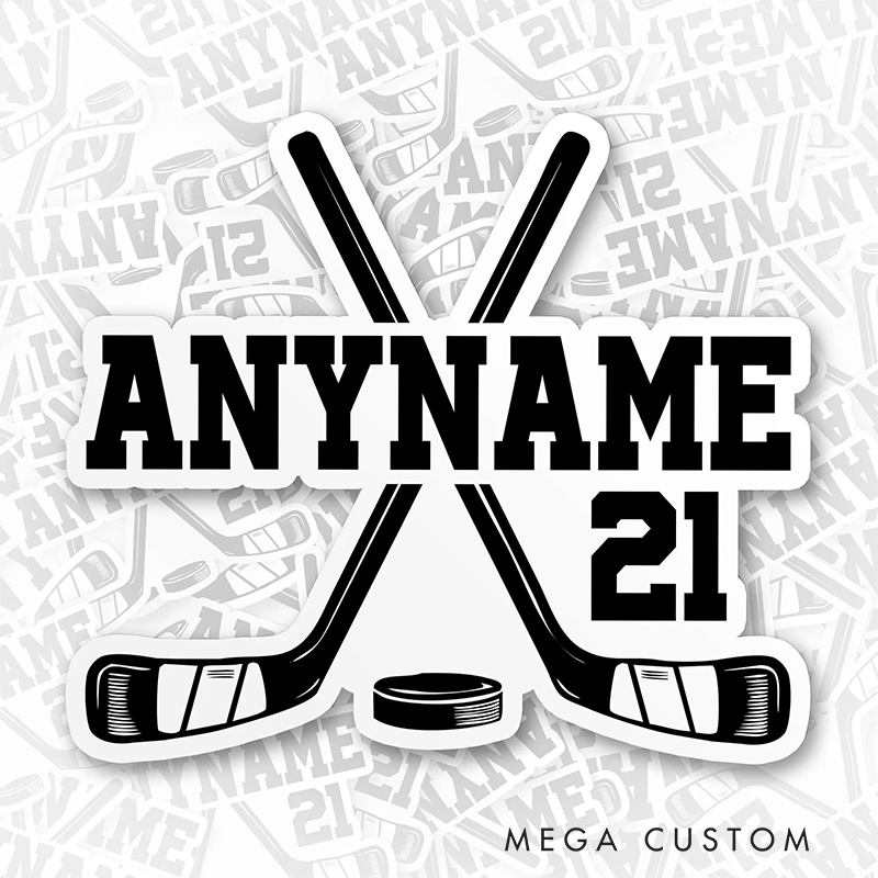 Personalized Hockey Sticker with Crossed Sticks and Custom Name and Number
