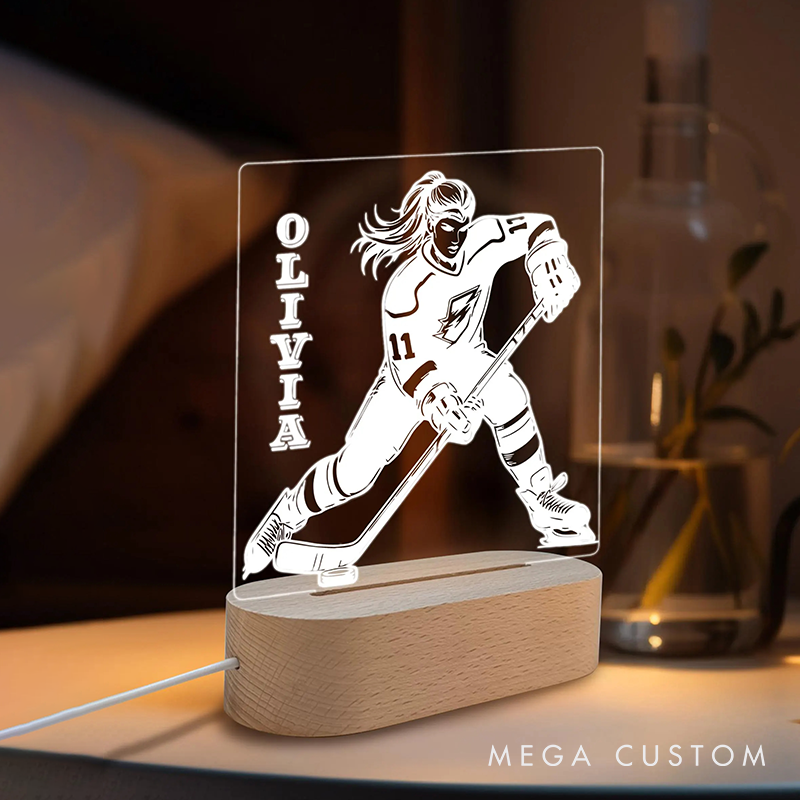 Personalized Ice Hockey Crossed Bats Design LED Night Light with Custom Name