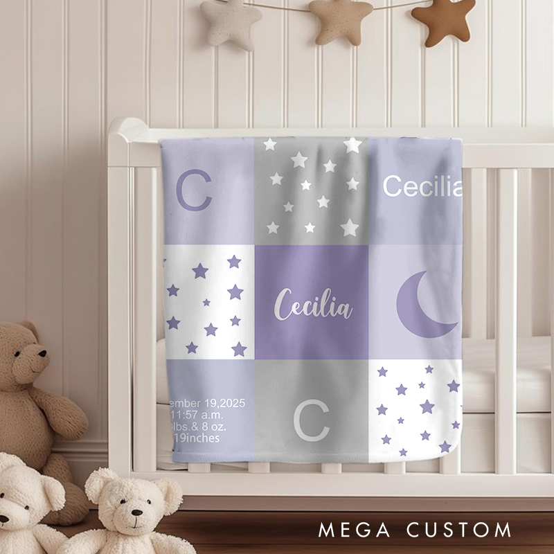 Personalized Baby Name Blanket - Soft Pastel Patchwork Design With Birth Details Moon And Stars Pattern Baby Keepsake