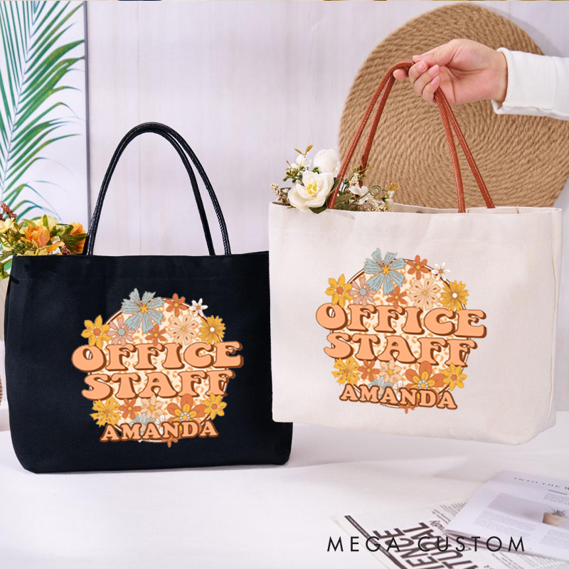 Personalized Office Staff Canvas Tote Bag Floral Design Appreciation Gift for Coworker or Employee