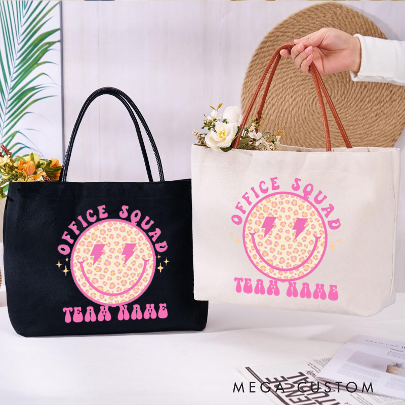 Personalized Office Squad Canvas Tote Bag Smiley Face Design Appreciation Gift for Coworker or Employee