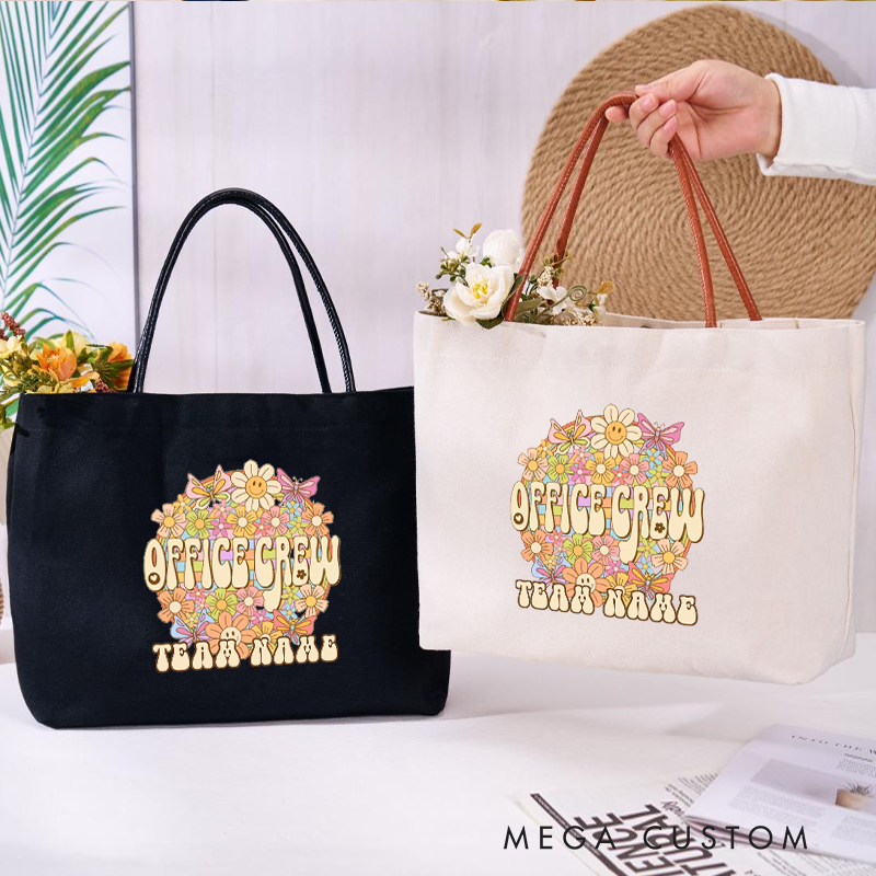 Personalized Office Crew Canvas Tote Bag Floral Design Appreciation Gift for Coworker or Employee