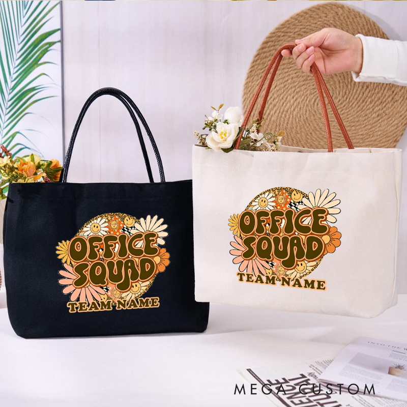 Personalized Office Squad Canvas Tote Bag Retro Floral Design Appreciation Gift for Coworker or Employee
