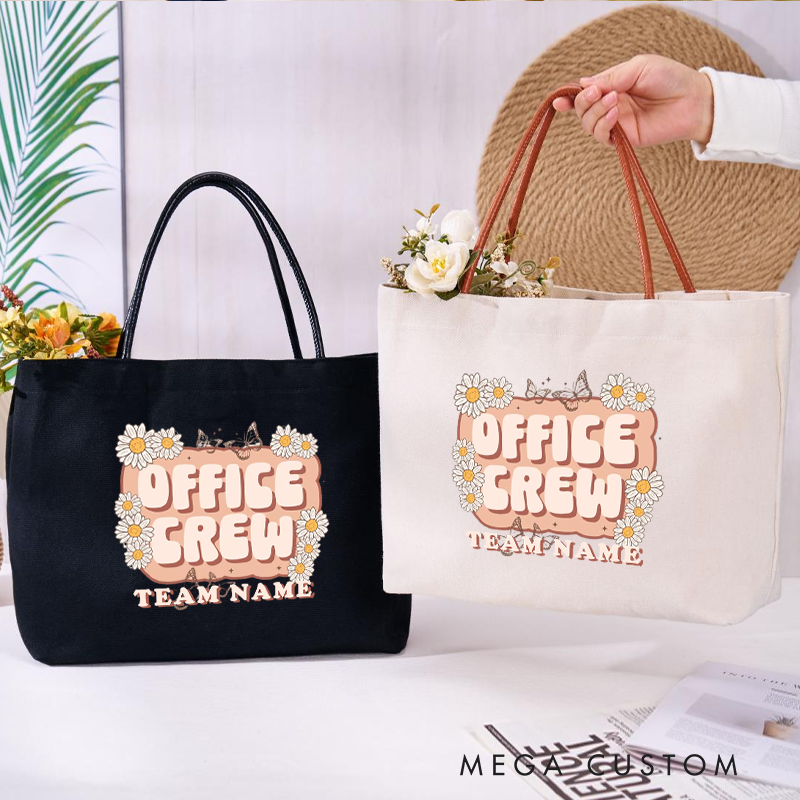 Personalized Office Crew Canvas Tote Bag Daisy Floral Design Appreciation Gift for Coworker or Employee