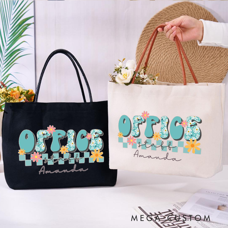 Personalized Office Squad Canvas Tote Bag Floral Retro Design Gift for Coworker or Employee
