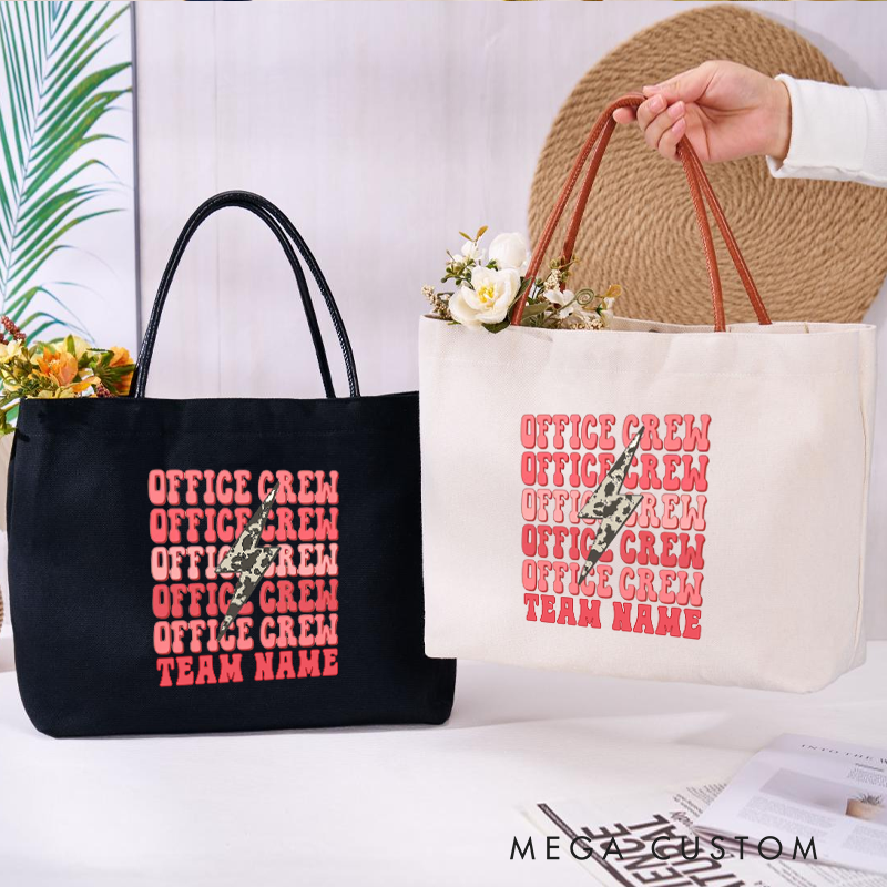Personalized Office Crew Canvas Tote Bag Repeated Text Design Gift for Coworker or Employee