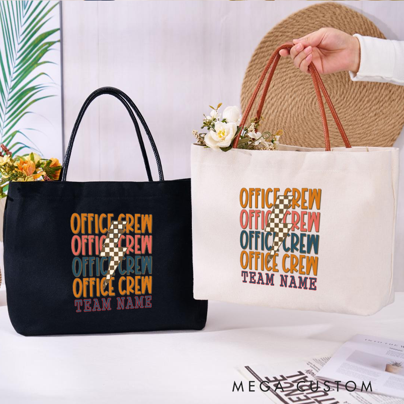 Personalized Office Crew Canvas Tote Bag Retro Multicolor Text Design Gift for Coworker or Employee