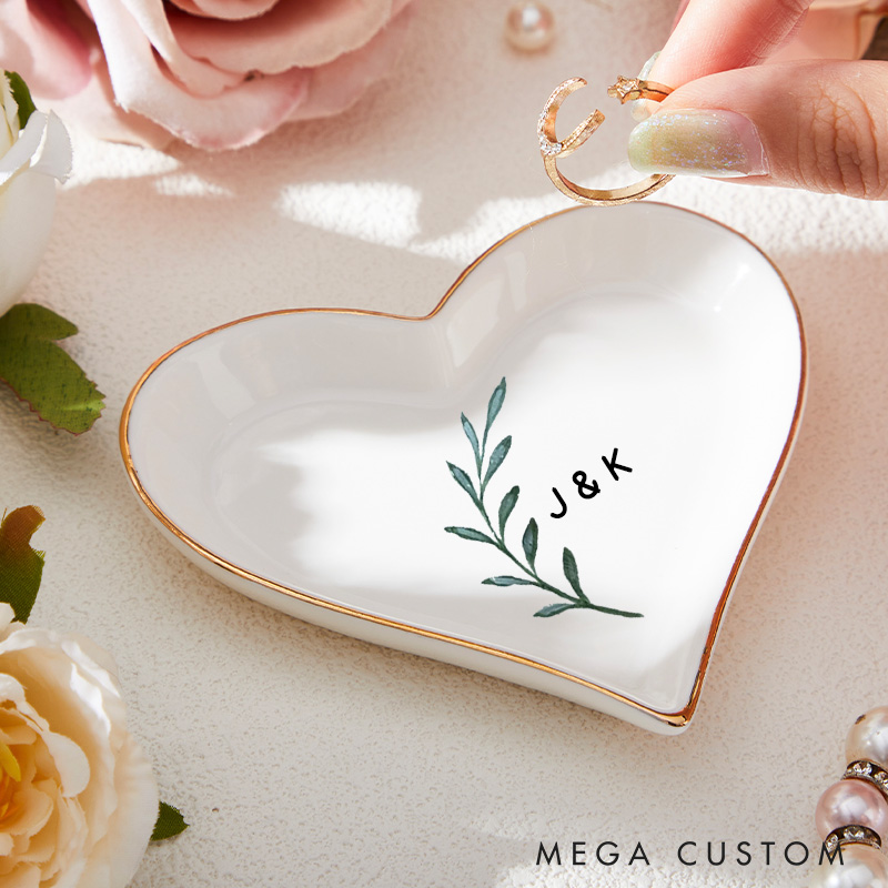 Personalized Watercolor Olive Branch with Initials Wedding Engagement Gold-Trimmed Ring Dishes