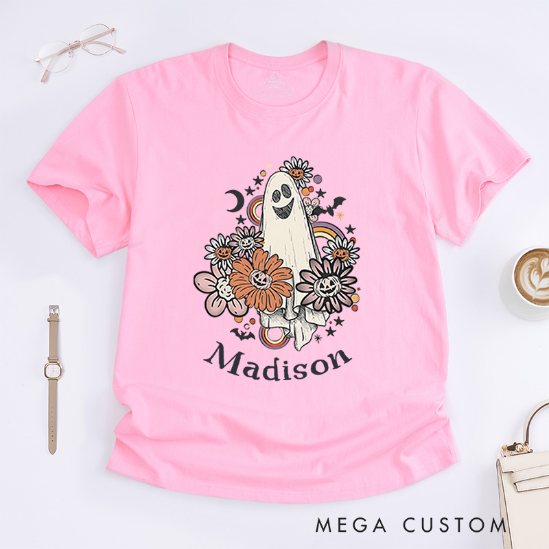 Personalized Floral Ghost Halloween T-Shirt Perfect for Adding Whimsy and Charm to Festive Outfits T-Shirt
