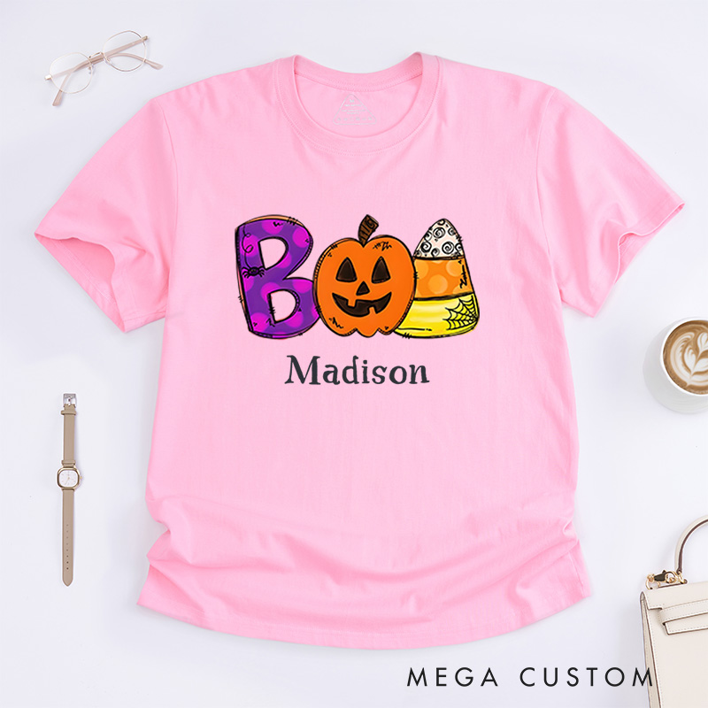 Personalized Boo and Candy Halloween T-Shirt Perfect for Fun and Playful Seasonal Vibes T-Shirt