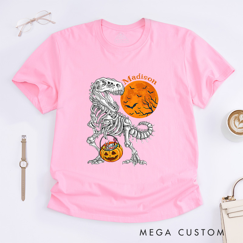 Personalized Dinosaur Skeleton Halloween T-Shirt Perfect for Adding a Unique and Spooky Twist T-Shirt