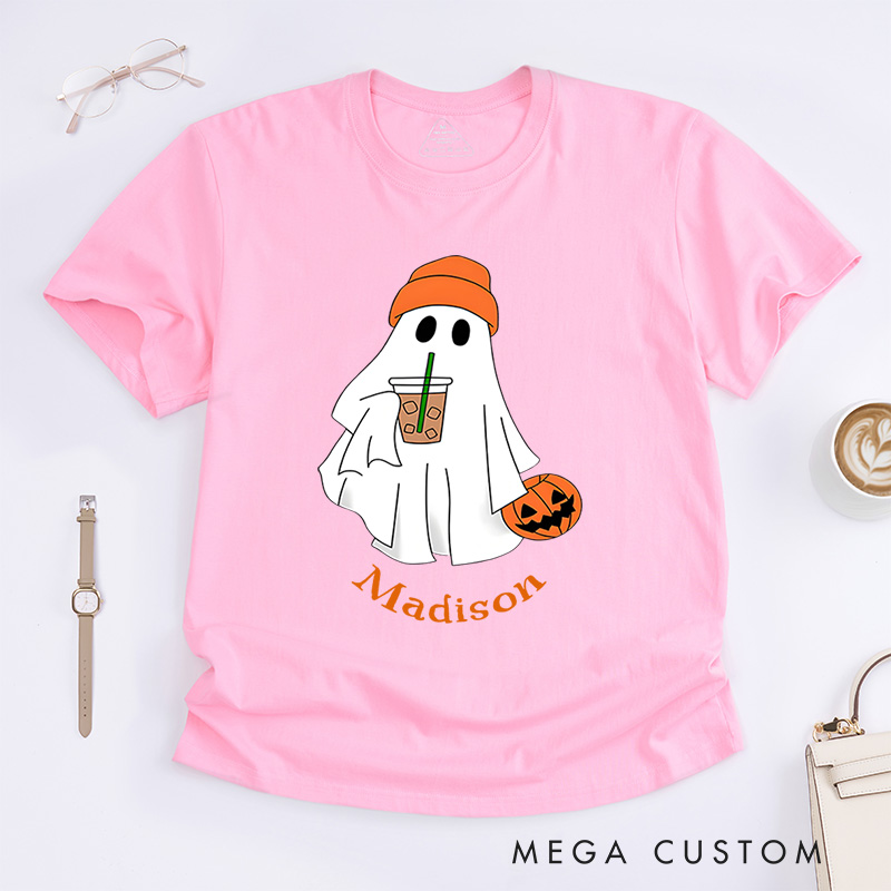 Personalized Ghost with Drink Halloween T-Shirt Perfect for Adding Humor and Charm to Festive Outfits T-Shirt