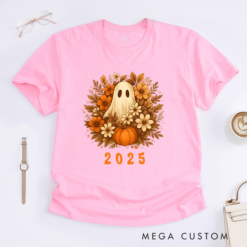 Personalized Ghost with Floral Wreath Halloween T-Shirt Perfect for Adding Elegance to Festive Outfits T-Shirt