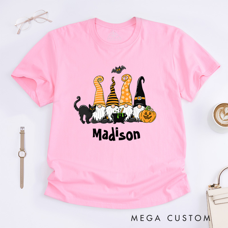 Personalized Halloween Gnomes and Pumpkins T-Shirt Perfect for Fun and Festive Seasonal Celebrations T-Shirt