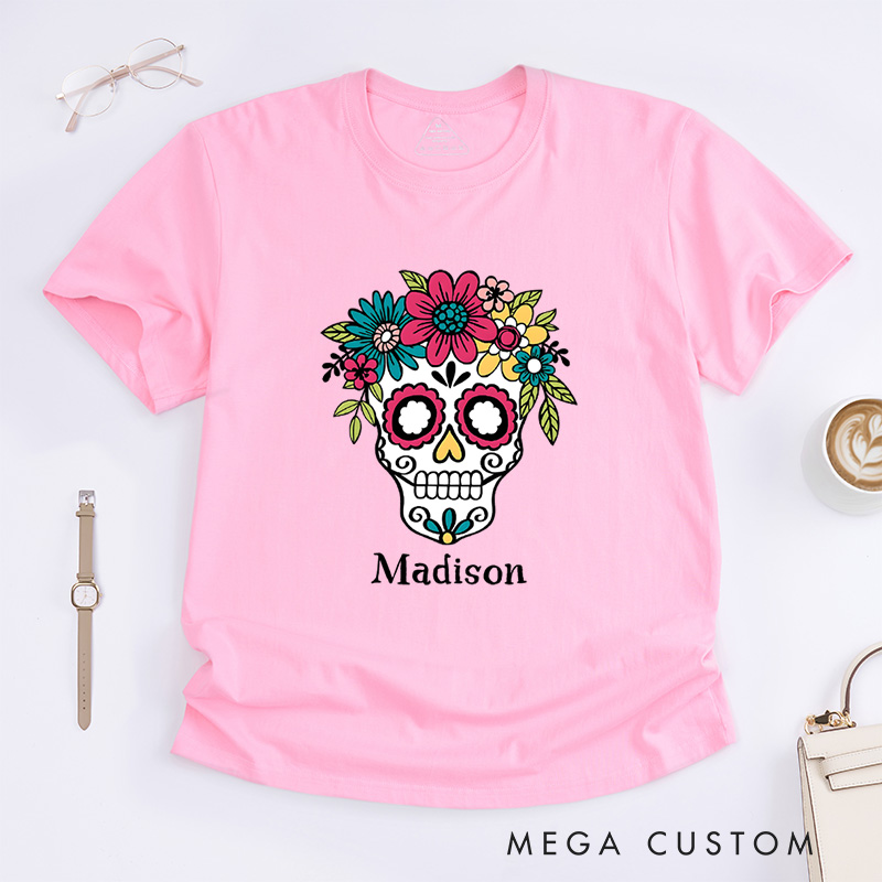 Personalized Sugar Skull Halloween T-Shirt Perfect for Adding a Vibrant and Artistic Touch T-Shirt