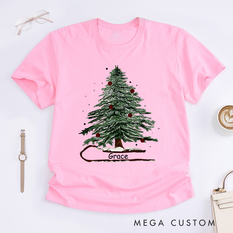 Personalized Festive Christmas Tree with Red Ornaments Christmas T-Shirt